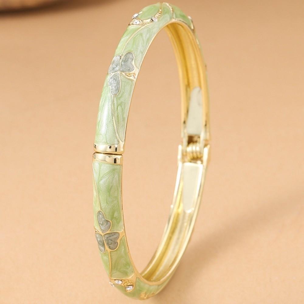 Enamel Floral Flower Crystal Bangle Good Luck Clover Women's Hand Bracelet Jewelry Gifts