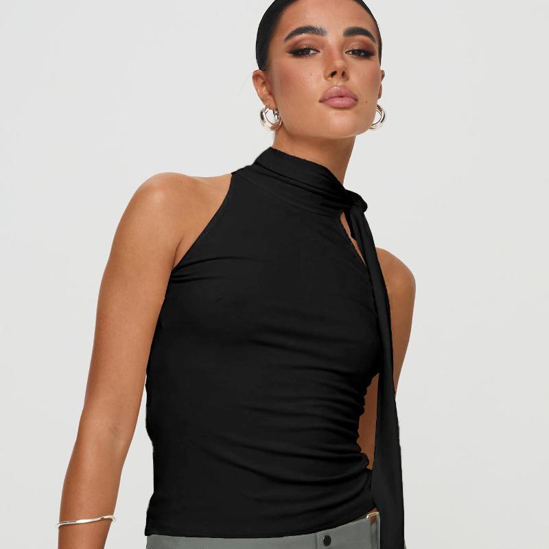 

Однотонный безрукавный шарф с высоким воротом и принтом тай-дай, летняя женская футболка в европейском и американском стиле S чёрный