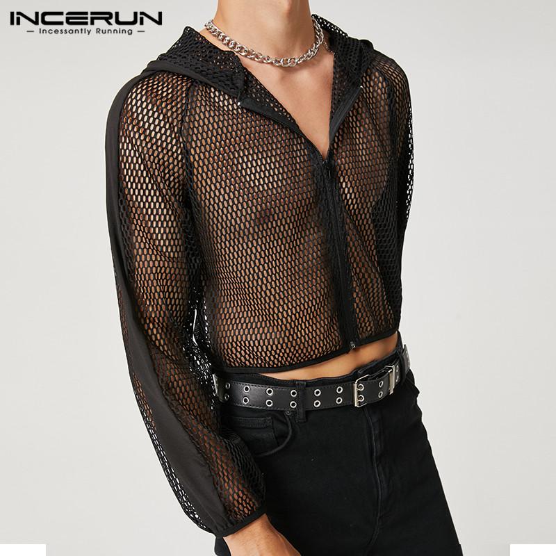 INCERUN Sommer-Herren-Mesh-Crop-Top mit Kapuze, durchsichtig, durchsichtig