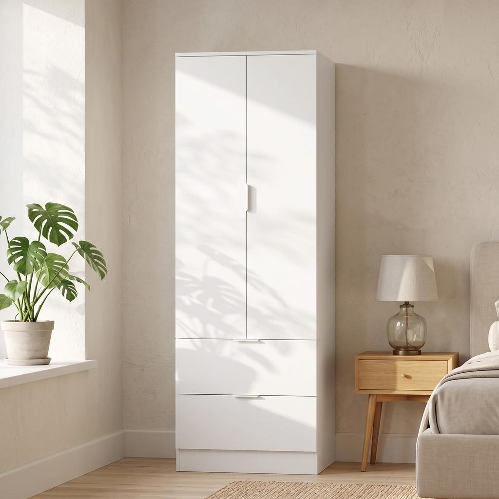 Bedroom Wardrobe, 2 Drawers, 2 Soft-Close Doors, Hanging Rail, 60 X 47 X 180 Cm, White