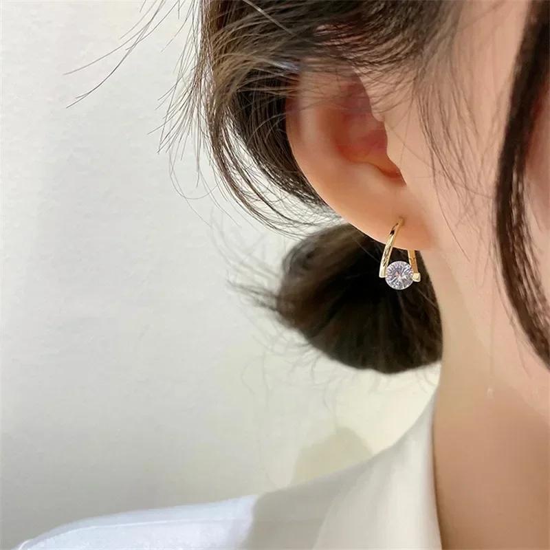 New Temperament Gold Color Water Drop Zircon Dangle Earrings for Women Charm Stainless Steel Korean Hoop Jewelry Accessories