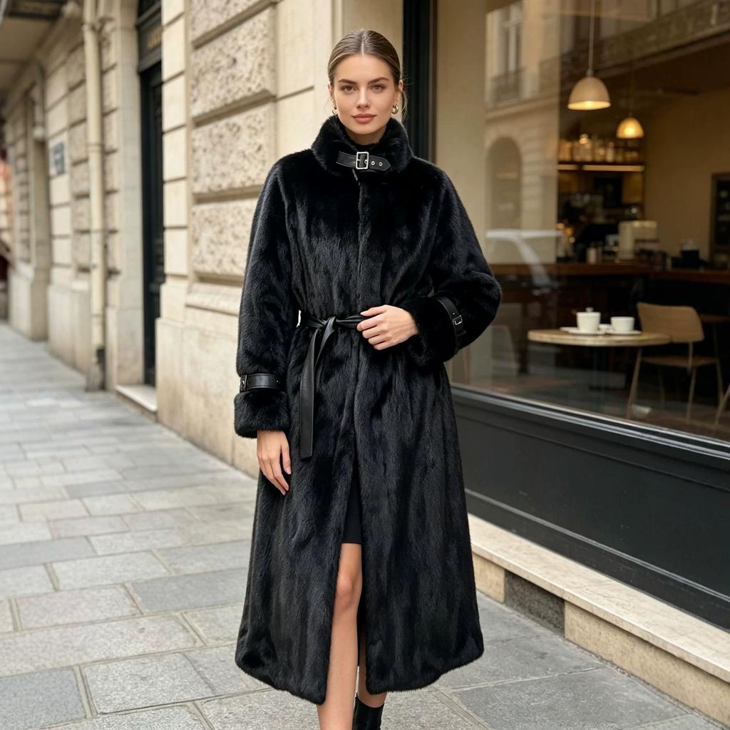 Women's extended black imitation fur coat stand-up collar belt buckle waist extra long winter coat