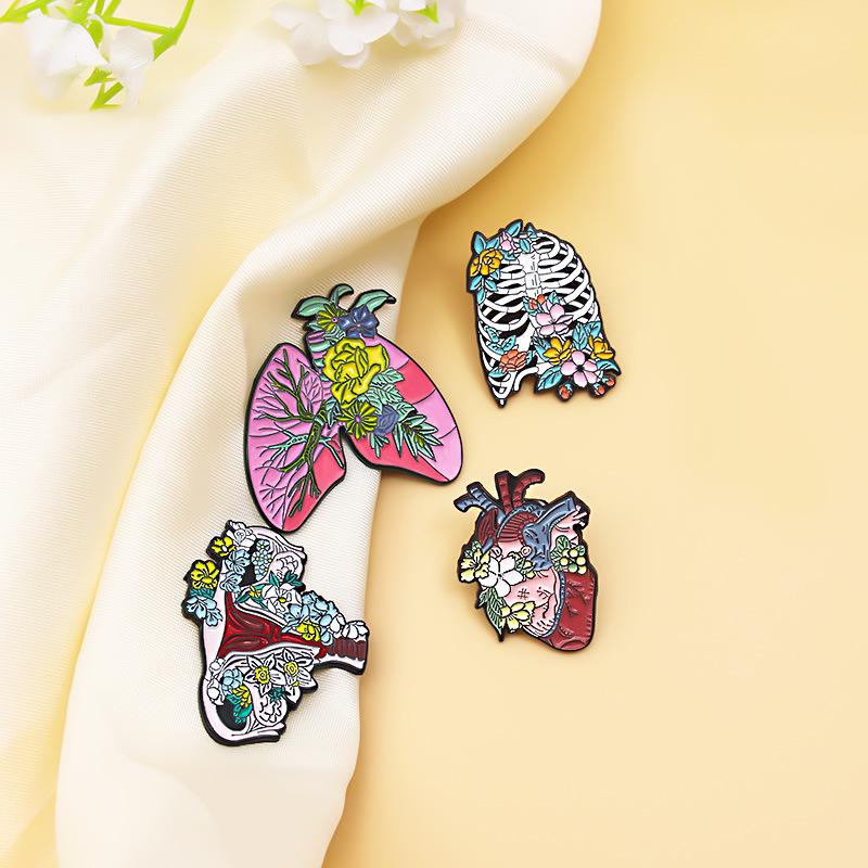 Creative Brooches: Gorgeous Pink Lungs, Uterus, Skeleton, and Heart with Blooming Flowers