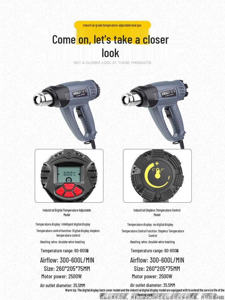 Adjustable Temperature Electric Heat Gun with Digital Display - High Power for Baking, Car Wrapping, and Heat Shrink Film