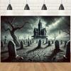 1 Stück 2D flaches Halloween-Thema Hintergrundtuch Banner mit Horror-Friedhof und Spukhaus-Muster, kein Strom erforderlich——sjs