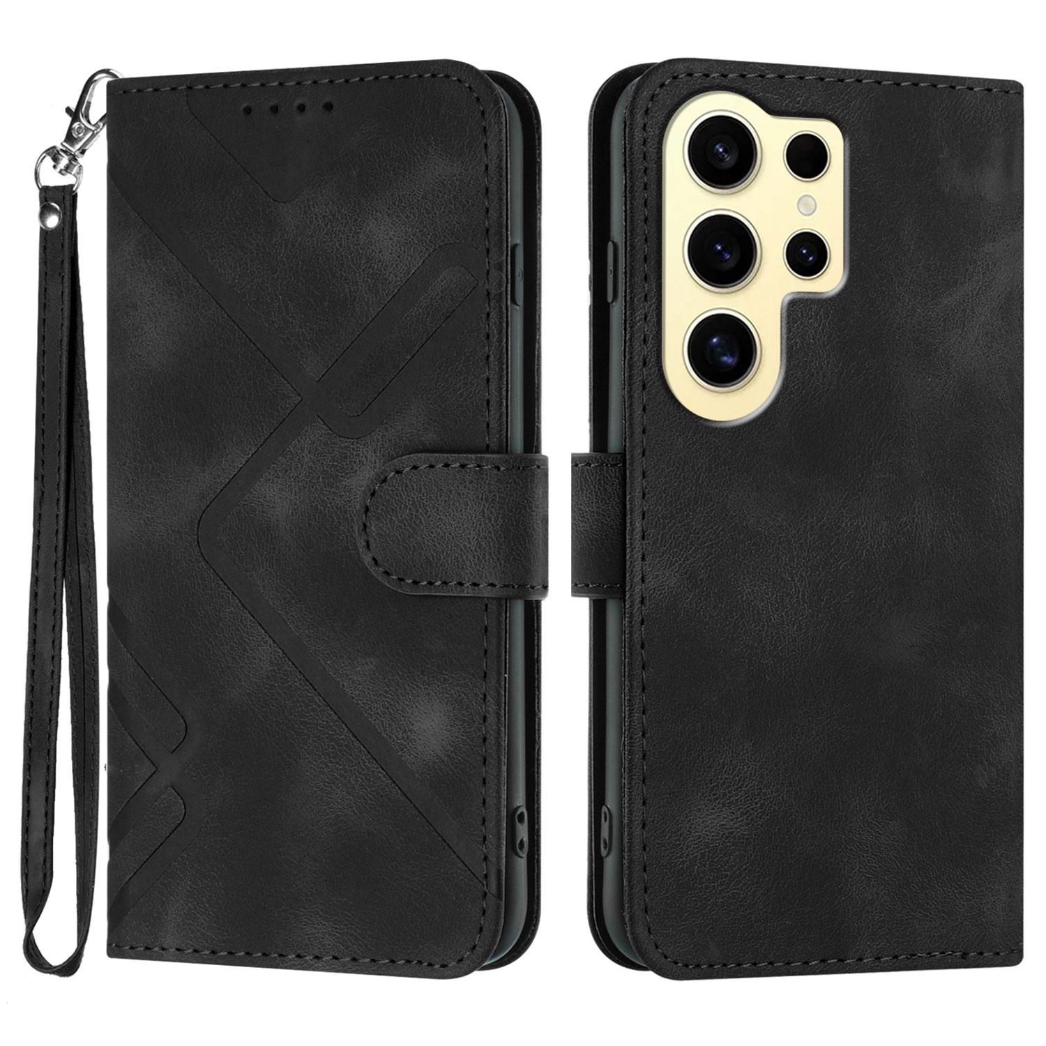 

For Samsung Galaxy S24 Ultra Wallet Case Line Imprinted PU Leather Phone Cover with Strap Black