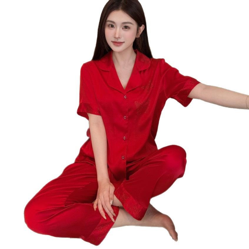 Hot Diamond Couple Pajamas Summer Ice Silk Thin Loungewear Set Short Sleeve Trousers Spring and Autumn New High Sense