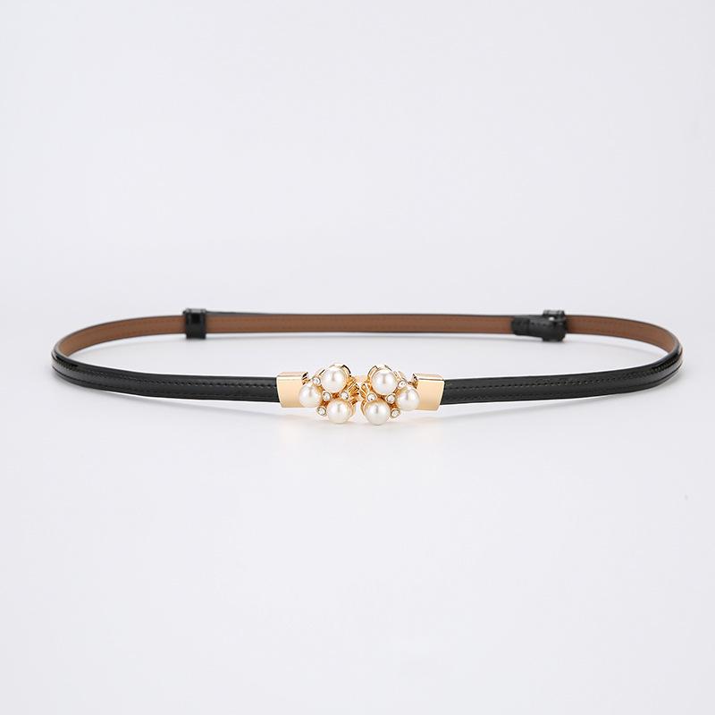 Women s 2024 Genuine Leather Thin Decorative Pearl Belt - Black, Hole-Free, High-End Feel
