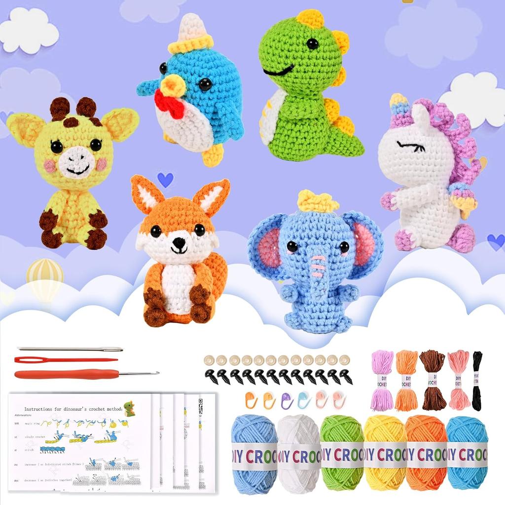 Wunila 6Pcs Crochet Kit for Beginners, DIY Craft for Adults and Kids, Great Gifts for Crochet Lovers, Crocheting Animals Kits with Step by Step