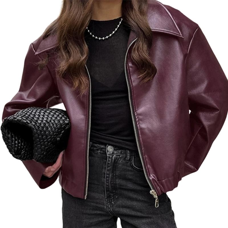 Cropped Jackets Faux Leather Jackets Casual Zip Up Motos Bike Coat Outwear Motorcycle Short Coat Fall Clothes