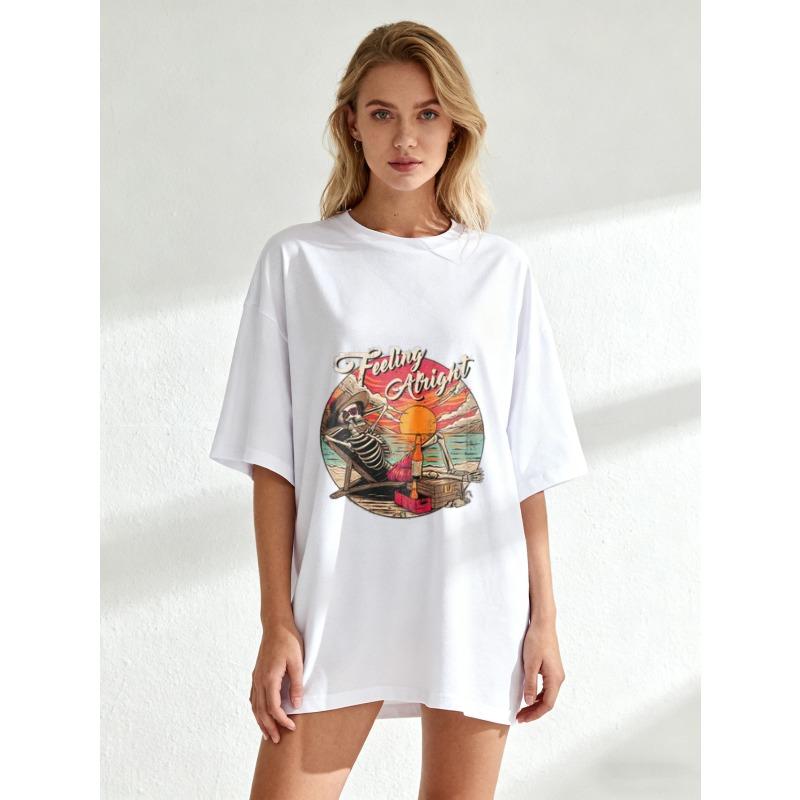 Women's Short-Sleeve T-Shirt with Retro Distressed "Feeling Alright" Beach Skeleton Print