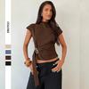Camicia Casual da Donna Slim Fit con Scollo Semi-Alto, Bottoni Metallici e Nastro Decorativo