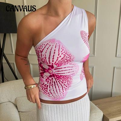 Summer Women's Printed Slant Neck One Shoulder Sleeveless Vest Top