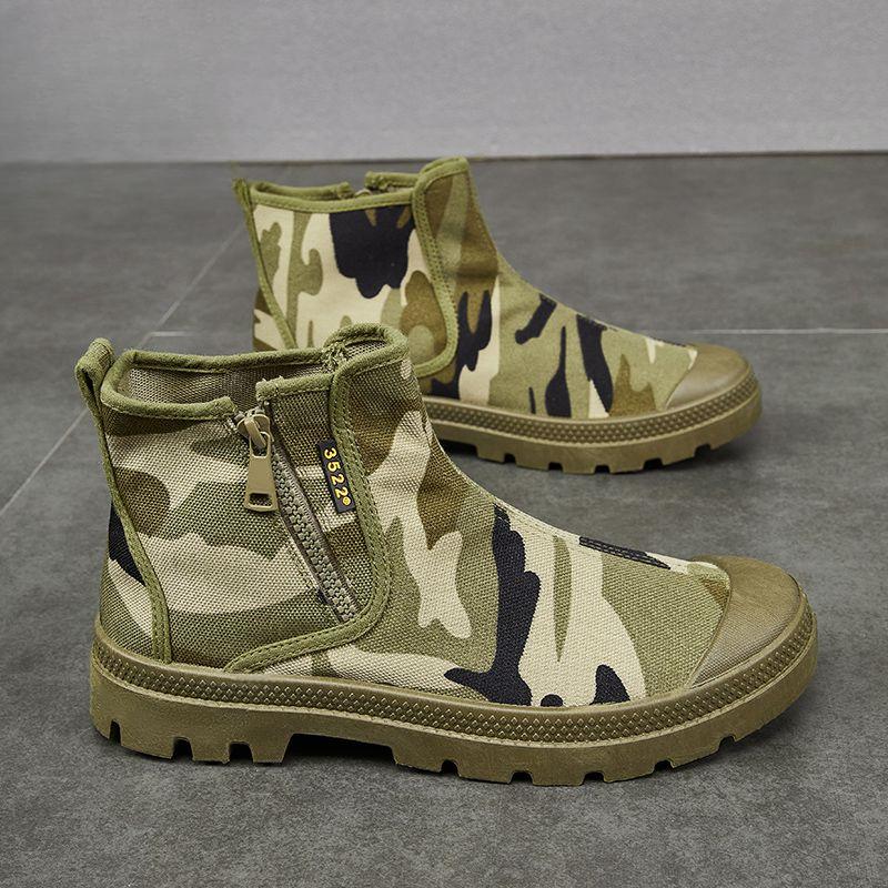 Weiche Sohle Herren Camouflage Sicherheitsstiefel Hoher Schaft Seitenreißverschluss Canvas Outdoor Angeln Dicke Sohle Rutschfest Abriebfest Stiefel