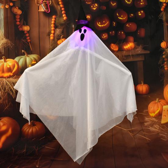 Halloween Hanging Light-up Ghosts Outdoor Flying White Cloth Ghost with Witch Hat for Front Yard Patio Lawn Garden Porch Indoor Outdoor Decoration