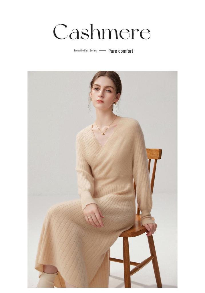 Women's Cashmere V-Neck Ribbed Waist Long Dress - Autumn/Winter Collection