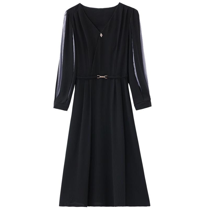 

Платье осеннее платье новая одежда для женщин среднего и пожилого возраста весенне-осенний темперамент юбка с длинным рукавом 3XL чёрный