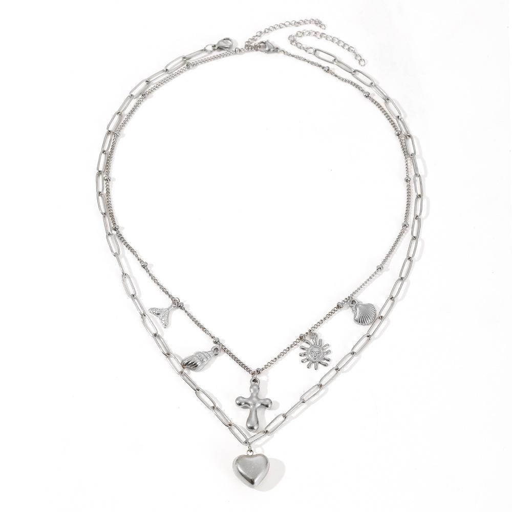 Double Layer Beach Necklace with Titanium Steel Seashell & Mermaid Tail