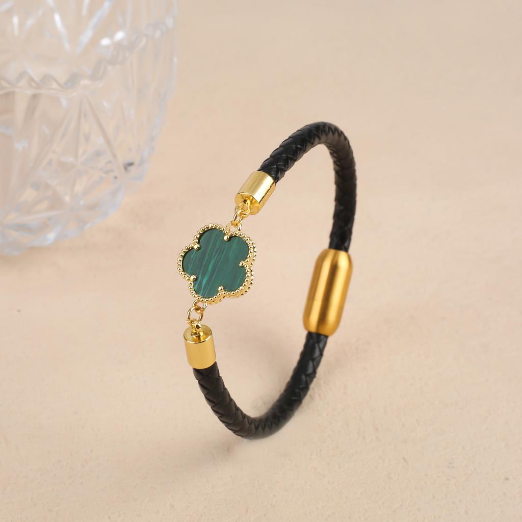 Simple Five-Leaf Flower Leather Braided Bracelet Natural Stones Clover Stainless Steel Bangle For Women Party Daily Wear Jewelry
