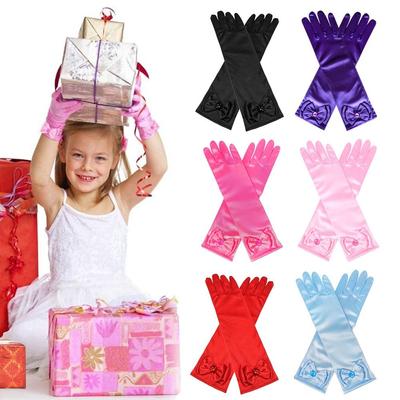 Children Satin Sequins Bow Glove Long Gloves Princess Dance Performance Stage Gloves Solid Full Finger Mittens Birthday Gifts