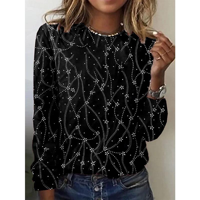 Ladies' Elegant Floral Printed T-shirt - Comfortable Round Neck Long Sleeve Top