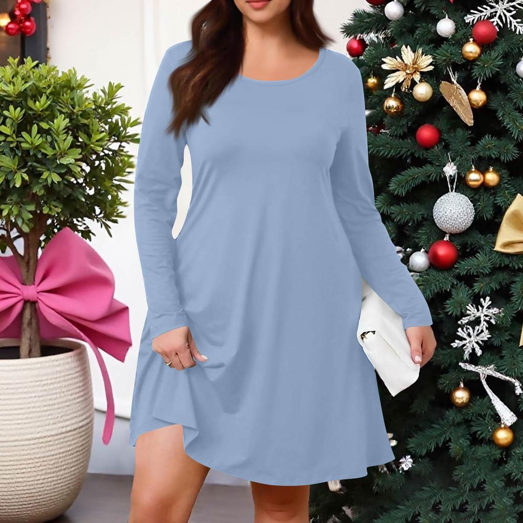 Plus Size Women's Solid-Colour Casual Dress Spring Pocket Round Neck Long-Sleeved Dress