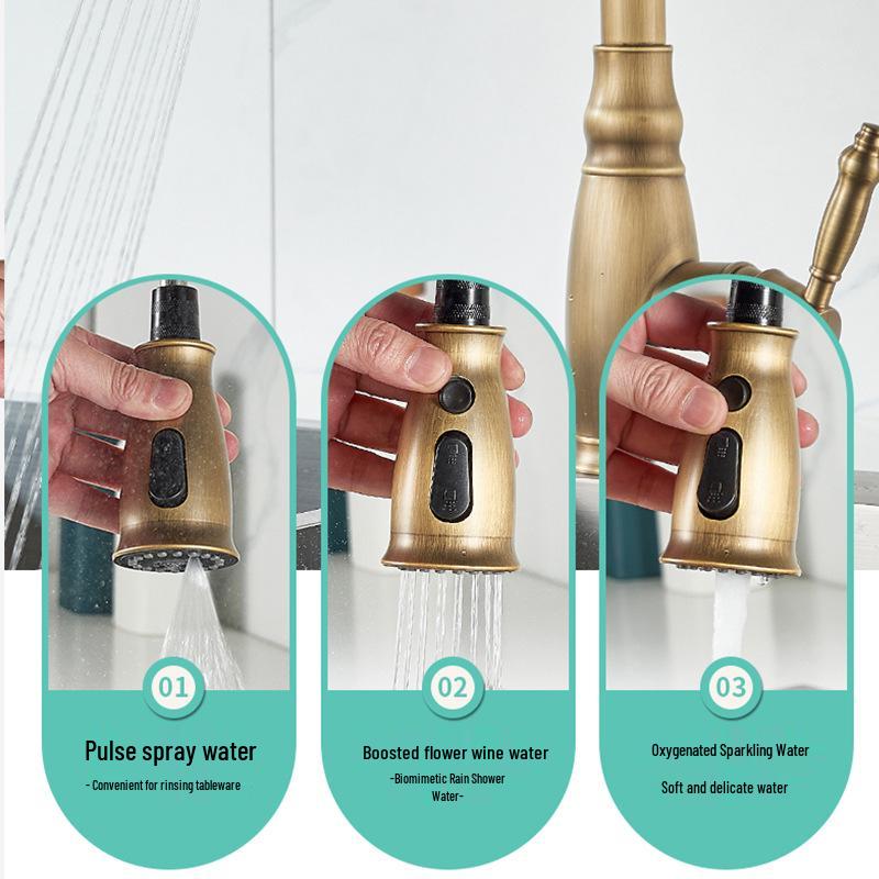 Elegant European-Style Brass Kitchen Faucet with Pull-Out Sprayer for Hot and Cold Water