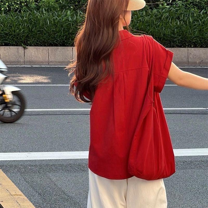Solid Color Women's Shirt Korean Version Turndown Collar Button Ladies Small Fly Sleeve Blouse Summer Fashion Versatile Famale Loose Top