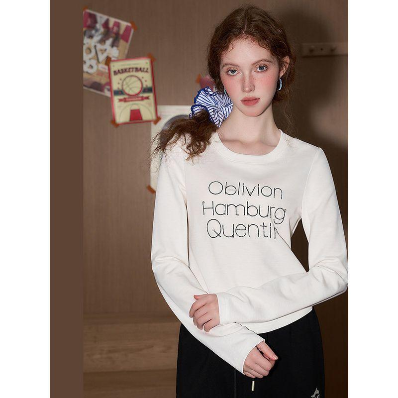 Coolhut2026 Spring and Autumn Style Simple Letter Print Long-Sleeved Loose Women's T-Shirt Inner Top Round Neck