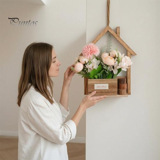 Rustic Home Wall Decoration Wooden Planter, Creative Hanging Flower Pot Basket for Indoor Plants Natural Wood Faux Flowers, Decor Living Room Balcony