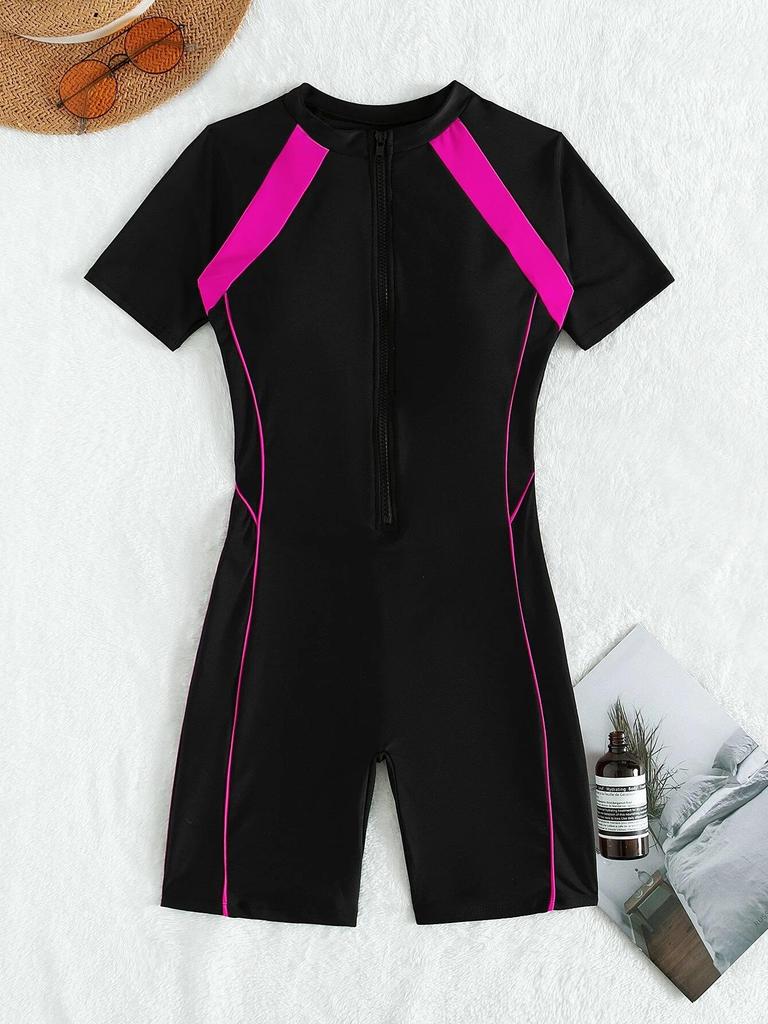 2024 Damen Einteiliger Kurzarm-Reißverschluss-Badeanzug zum Surfen und für Strandbekleidung