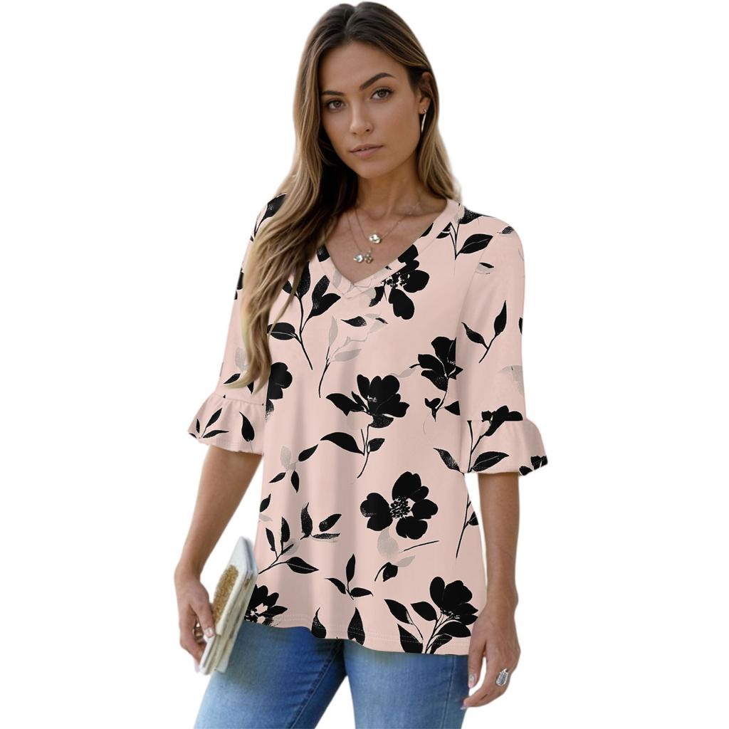 Women's Casual 3/4 Sleeve Tops V-Neck Sleeve T-Shirt Floral Print Tops