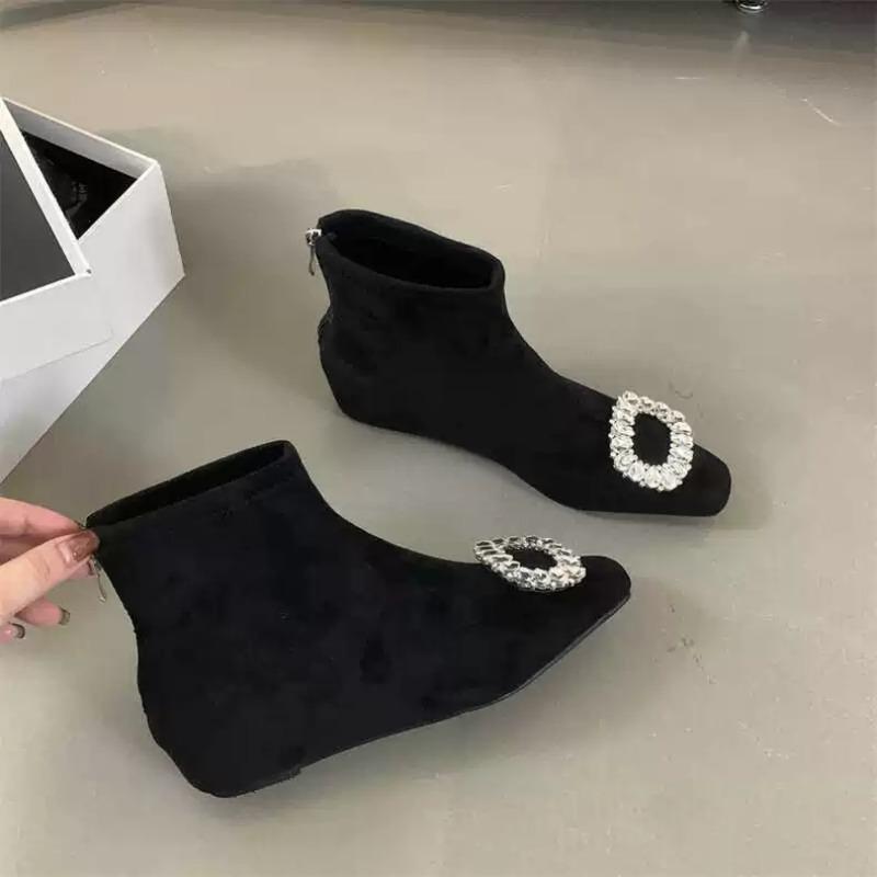 Fashion Rhinestone Square Buckle Suede Women's 2025 Autumn and Winter New Inner Heightening and Slimming Fashion Boots Skinny Boots
