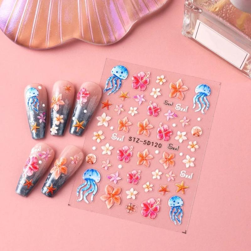 3D Summer Ocean Nail Stickers Beach Themed Begonia Flower Shell Starfish Jellyfish Plumeria Nail Art Decorations For Women Girls