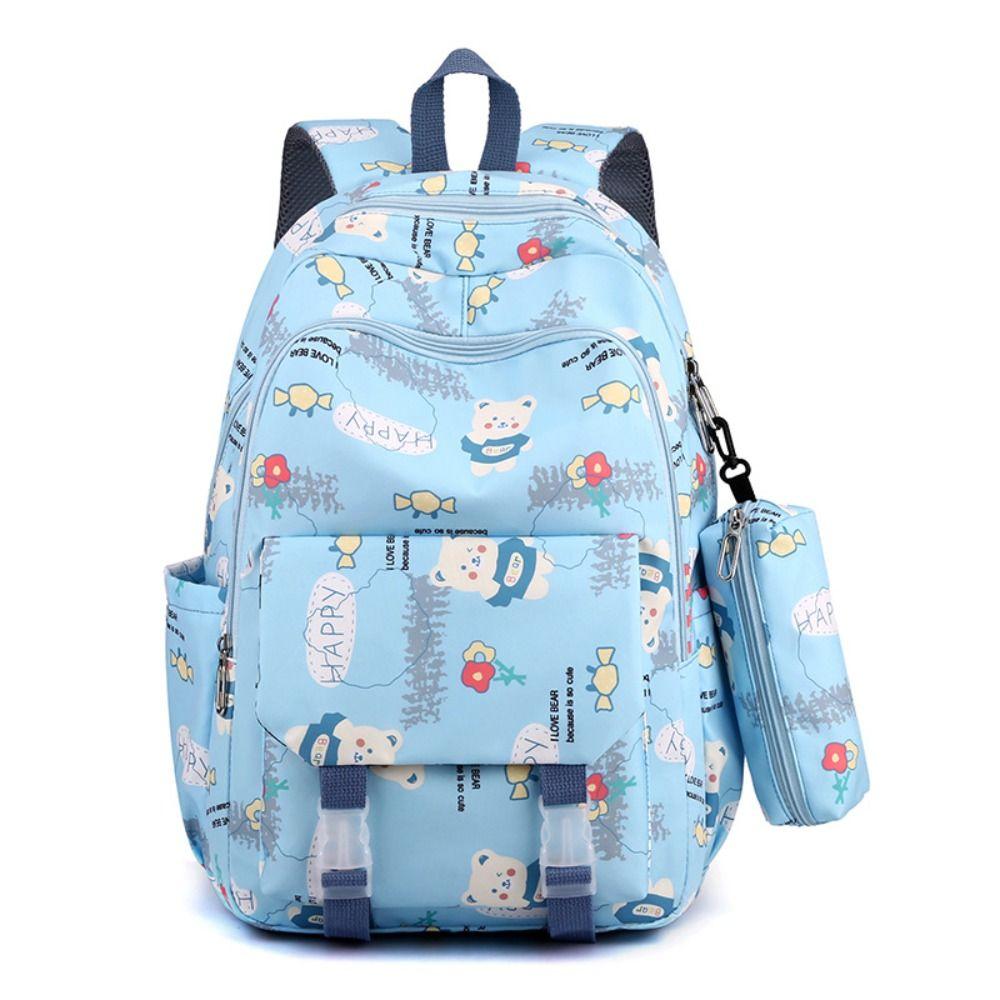 

Bear Printing Pattern Korean Style School Bag Solid Color Casual Knapsack Girls синий