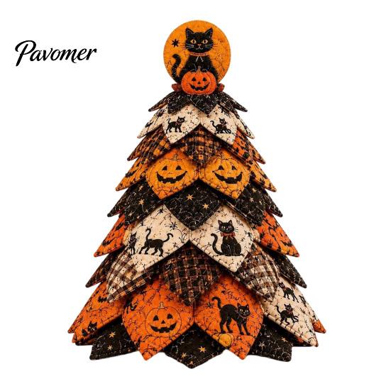 Halloween Theme Interior Decor Wooden Tree Ornament, 2D Flat Quilted Fabric Style Desktop Double Table Decorations Side Wood Sign for Home Party