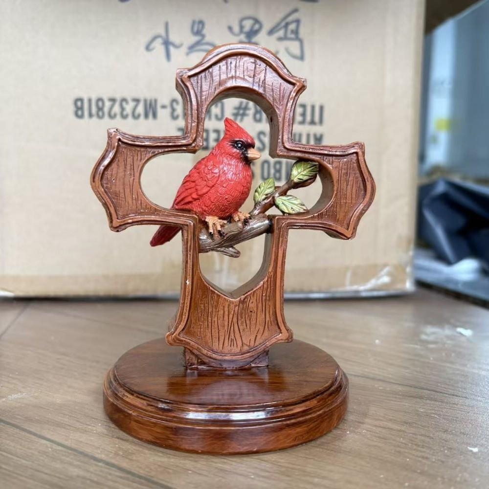 

Crimson Cardina l Cross Ornament Olive Branch Design Handmade Bird Crucifix Figurine Spiritual Comfort Bird Ornament світло-сірого кольору