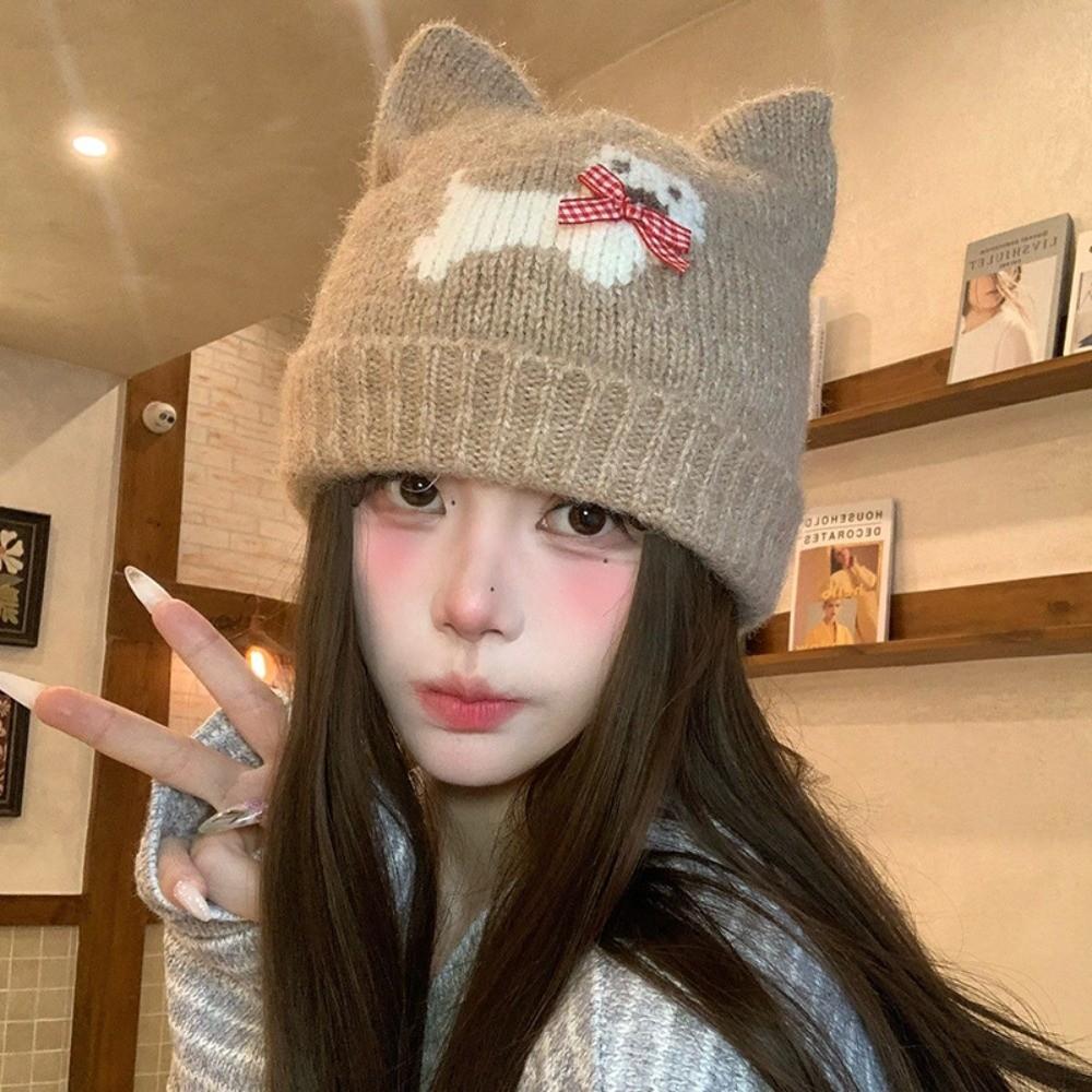 Warm Lining Cat Ear Beanie 56-58cm Puppy Pattern Earflap Hat Fleece Lined Knitted Hat For Students