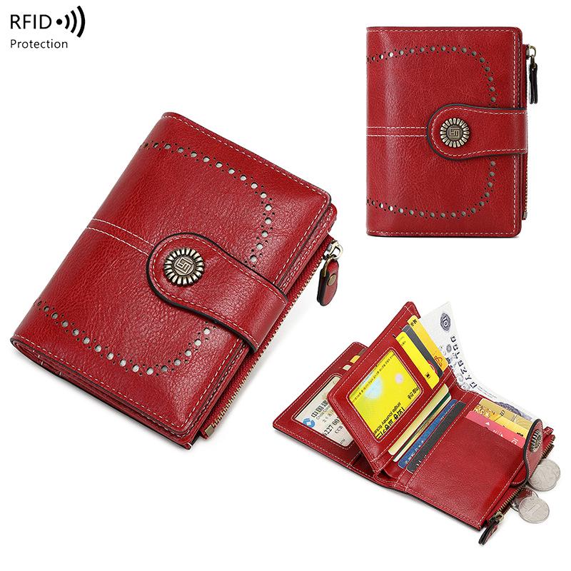 RFID Antimagnetische Damen Geldbörse: Kurzer Stil, Reißverschluss- und Druckknopfverschluss, Geldbörse mit großem Fassungsvermögen und Lochmuster