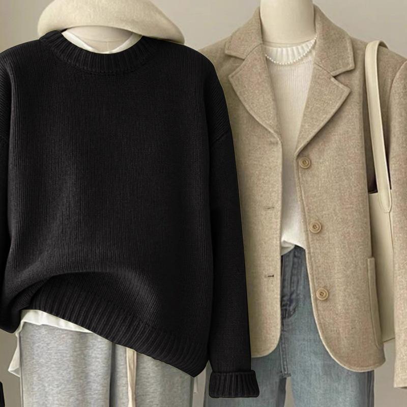 Autumn and Winter New Round Neck Green Pullover Sweater Women's Raccoon Velvet Soft Waxy Lazy Knitted Top with Thicker Base