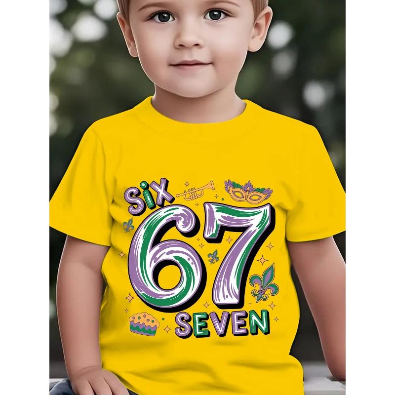 European sizes Mardi Gras Summer Boys' Fashion Short-Sleeve T-Shirt with 'SIX SEVEN' Number Six And Seven, Featuring Small Mask Elements