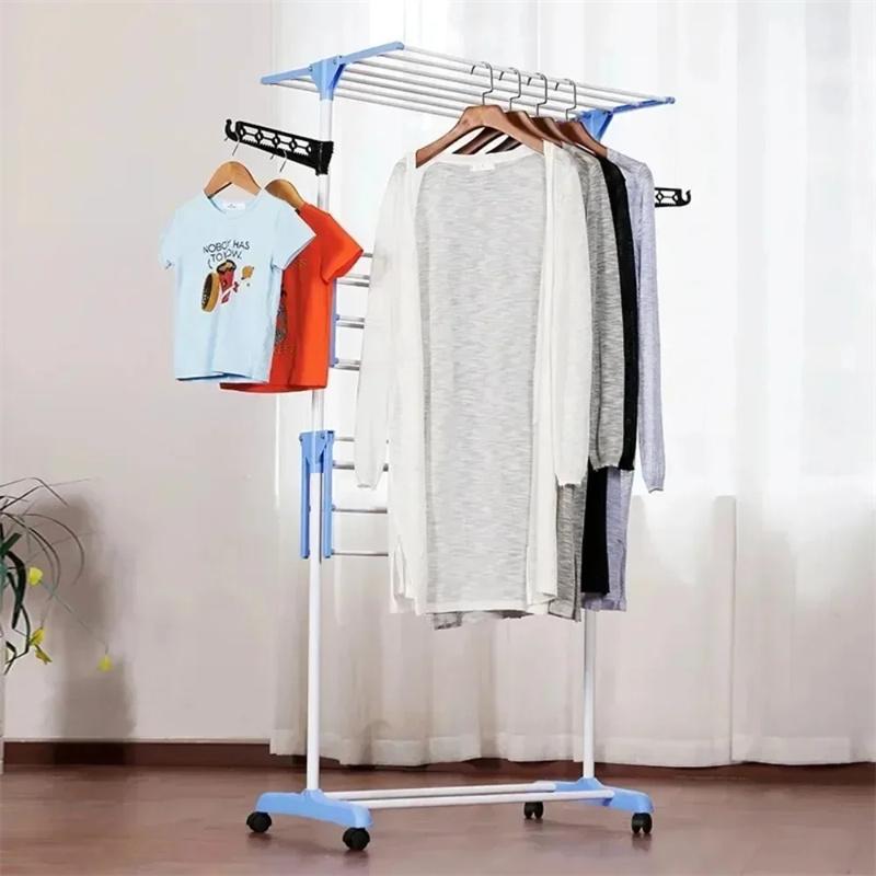 Drying Clothes Rack Folding Multi Functional Stainless Steel 3-Layer Household Floor Type Drying Racks Mobile Coat Storage Shelf