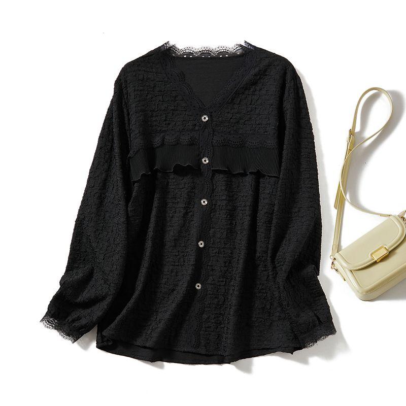 

Elegant Classy Jacquard Cotton V-neck Single-Breasted Shirt! Intellectual Women s Long-Sleeved Lace Soft Comfortable Bottoming Shirt Black 4XL