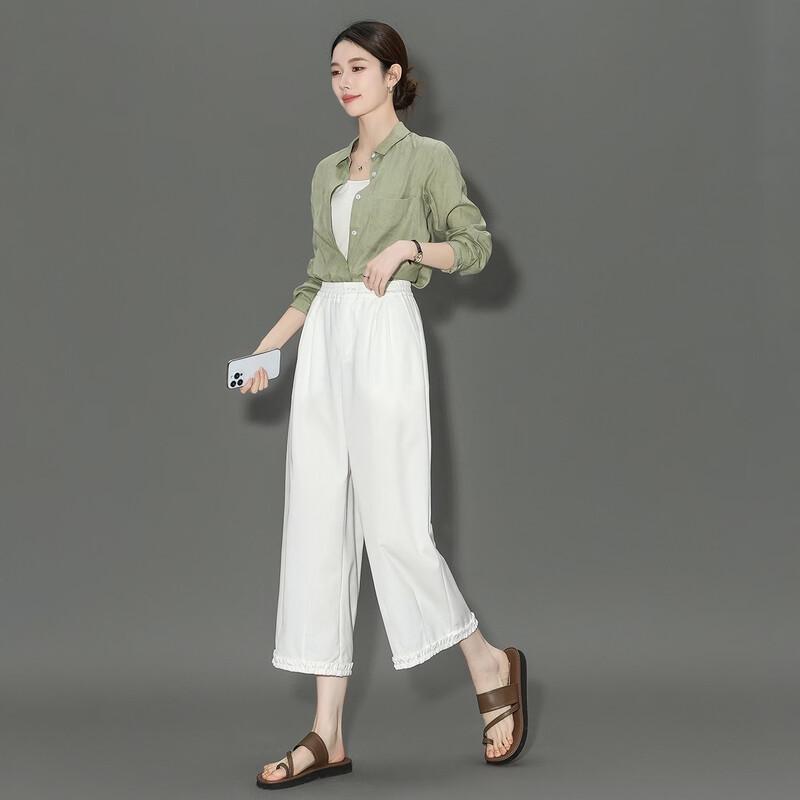 Women's Cropped Lace Trim Elastic Waist Casual Pants