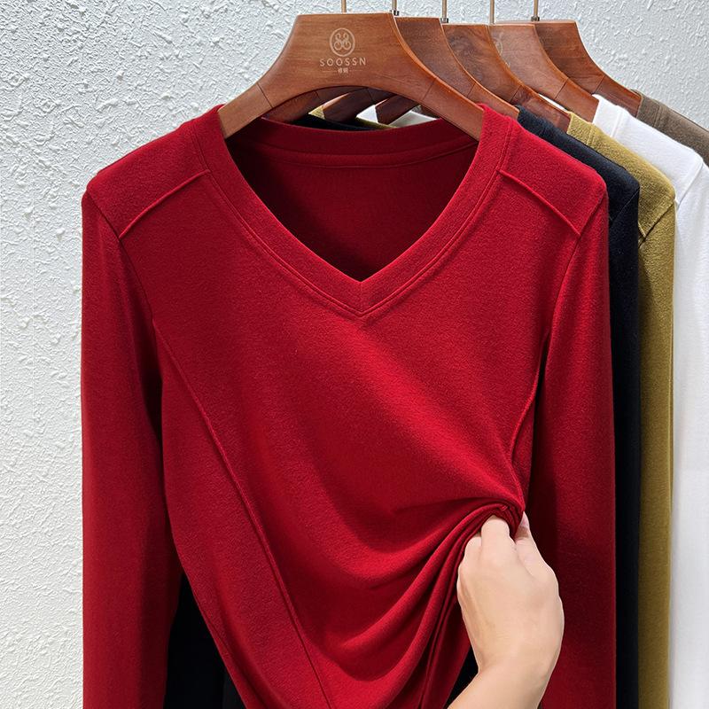 Front shoulder women's spring and summer new fishbone line design top women's bottoming shirt long sleeve t-shirt
