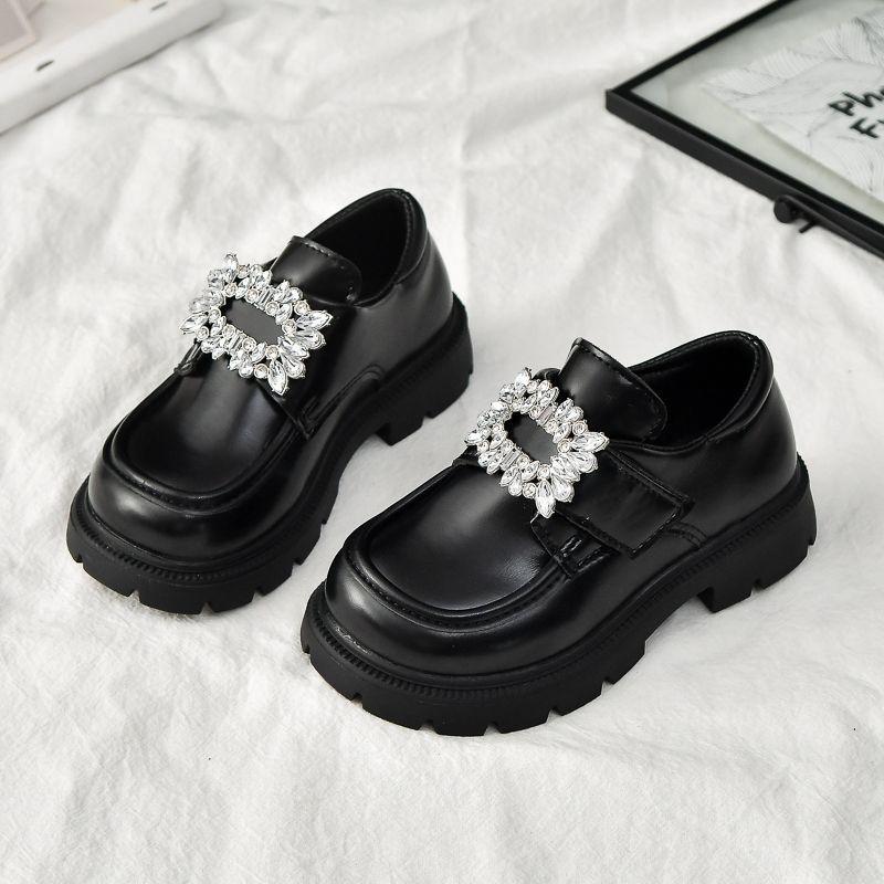 

Girls Black Leather Rhinestone Loafers - Non-Slip Princess Shoes for Spring & Autumn 2025 Size 32 (Insole 20.6 CM)