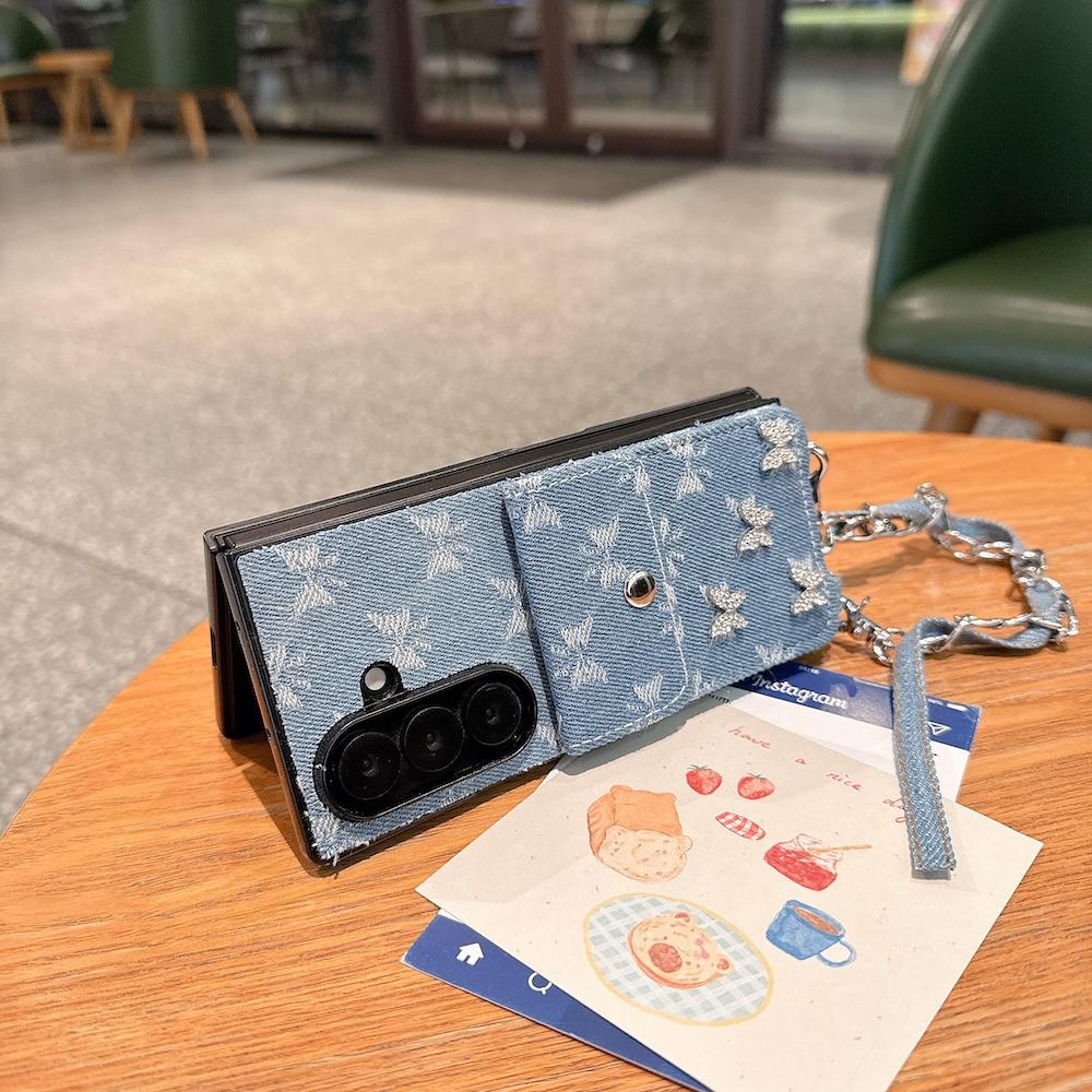Z Fold 7 Case Luxury Denim Jeans Glitter Butterfly Wallet Phone Cover for Samsung Galaxy Z Fold 6 4 5 Card Holder Wrist Strap