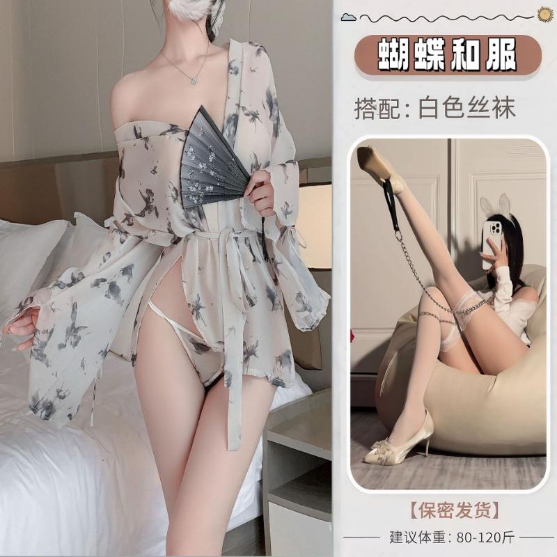 Sexy Lingerie Pure Desire Butterfly Print Kimono Perspective Bathrobe Uniform Set Free Pajamas Temptation Qqny