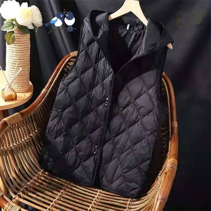 Women Spring Hooded Sleeveless Padded Vest Autumn Female Solid Light Warm Waistcoat