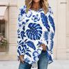 Women Plus Size Round Neck Long Sleeve Tropical Leaf Floral Printed Loose High Low Hem T Shirt